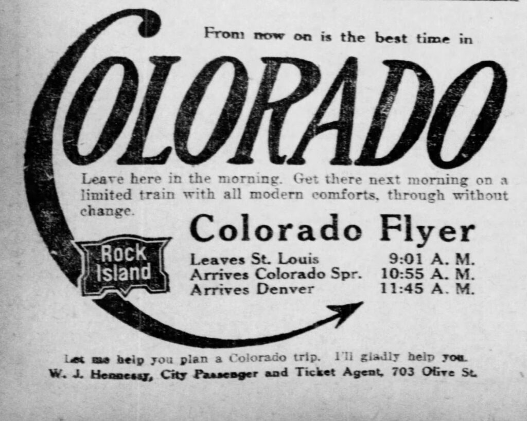 Train ad - St. Louis to Denver, 27 hours, Rock Island Line